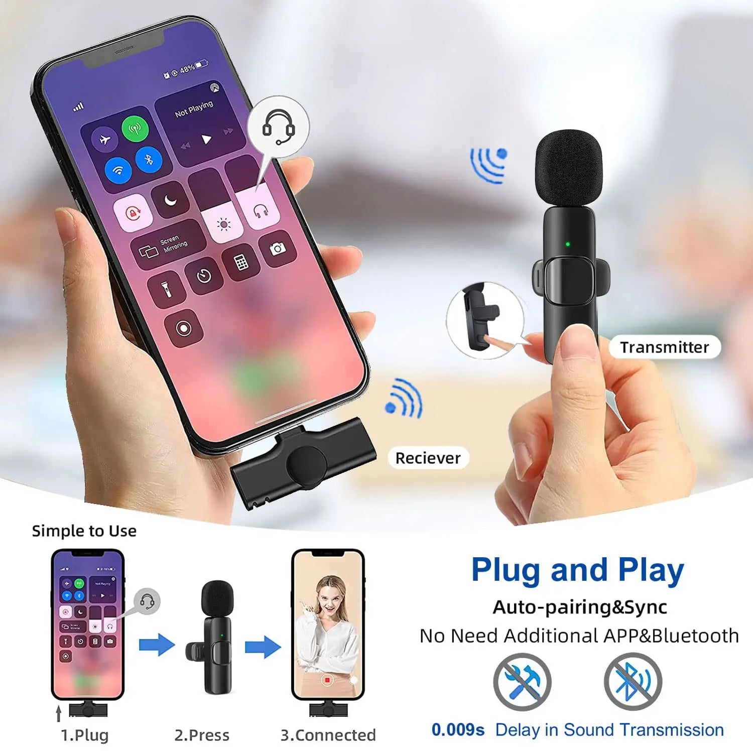 2.4G Wireless Lavalier Microphone for iPhone & Android2.4G Wireless Lavalier Microphone  Portable Audio Video Recording Mini Mic for iPhone Android Live Broadcast Gaming Phone