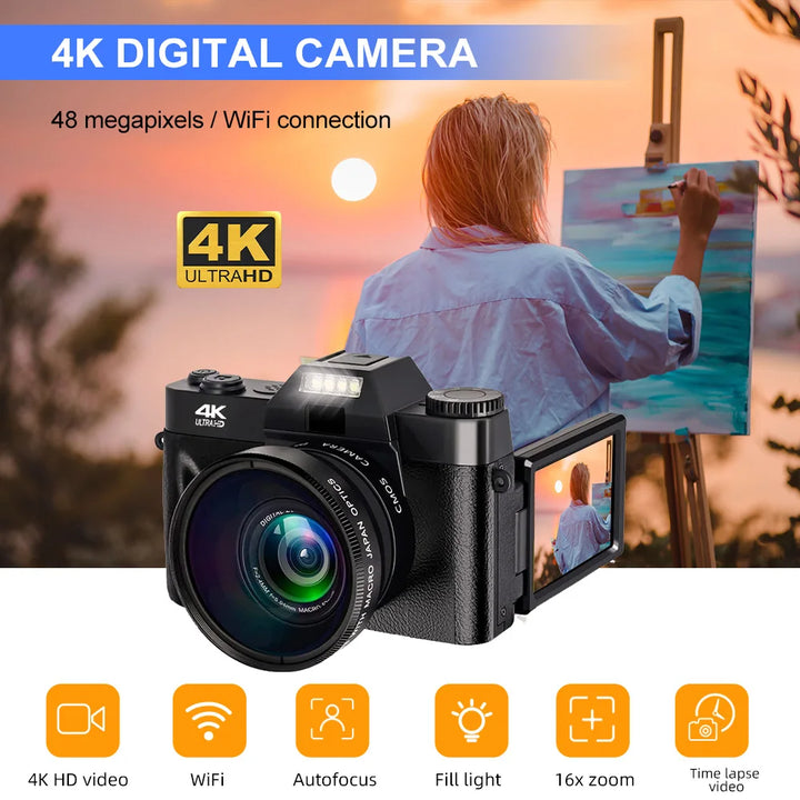 4K 48MP Digital Camera with Flip Screen & WiFi – Compact Vlogging Cam