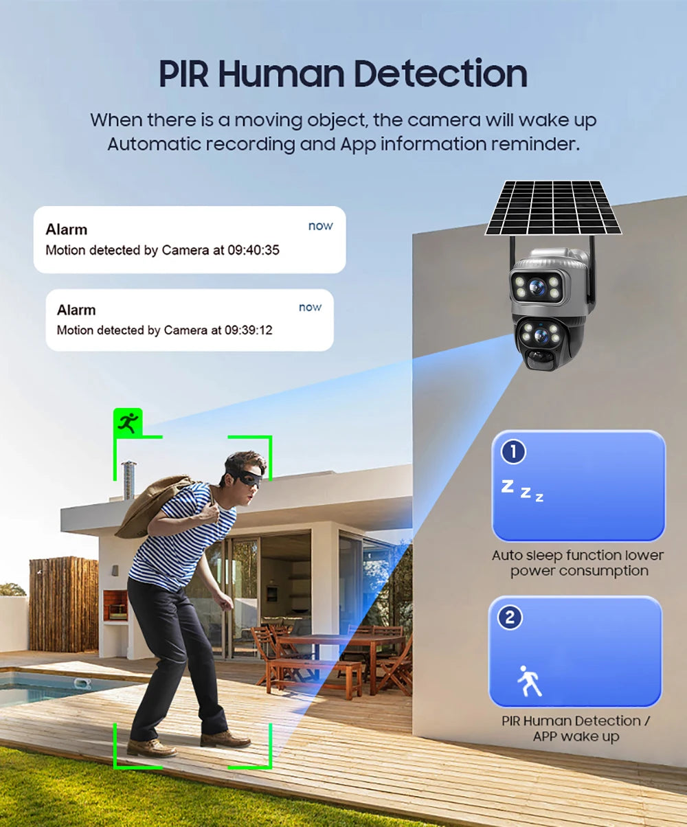 V380 Dual Lens 4G Camera Solar PIR Human Detection Night Vision Waterproof Security Video IP Camara 8MP 4K Battery CCTV Monitor