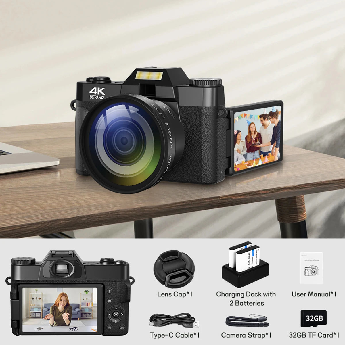 4K 64MP Compact Vlog Camera with WiFi & Flip Screen