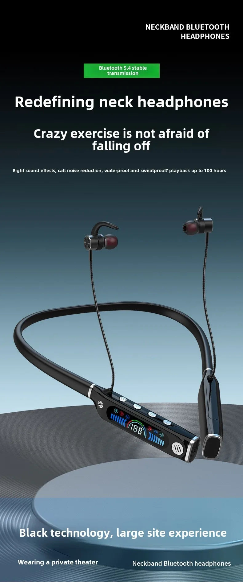 LCD Bluetooth Sports Neckband Headset with TF Card & Power Display