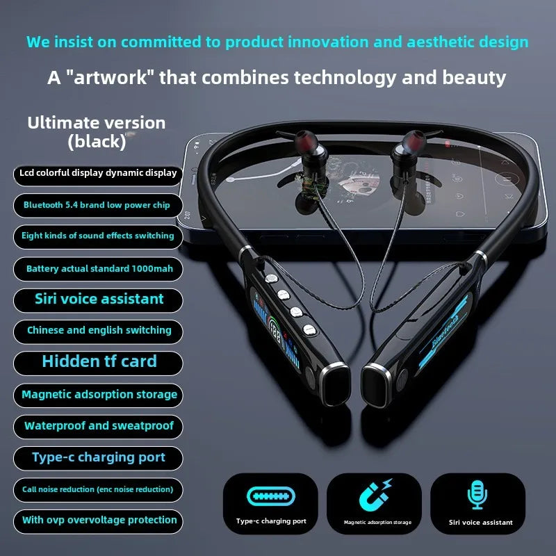 LCD Bluetooth Sports Neckband Headset with TF Card & Power Display