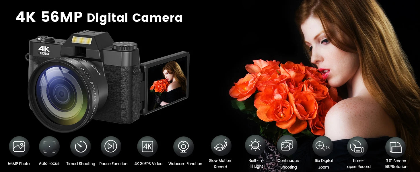 64MP 4K Compact Vlogging Camera with WiFi & Flip Screen