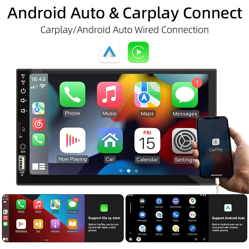 Hippcron 7" 1-DIN Car Stereo with CarPlay & Android Auto