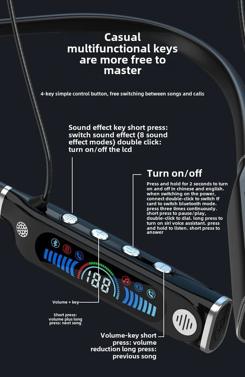 LCD Bluetooth Sports Neckband Headset with TF Card & Power Display