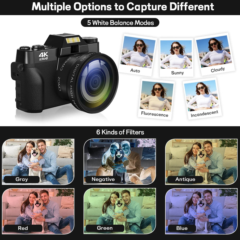 4K 64MP Compact Vlog Camera with WiFi & Flip Screen